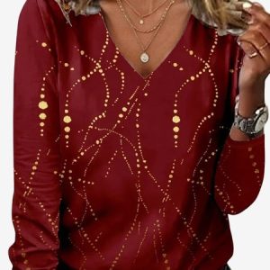 Women's Long Sleeve Tee T-shirt Spring/Fall Geometric Jersey V Neck Daily Going Out Casual Top, JustFashionNow T-Shirts, color:Wine Red|size:XXL,