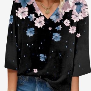 Women's Three Quarter Sleeve Blouse Spring/Fall Floral V Neck Daily Going Out Casual Top, JustFashionNow Blouses, color:Black|size:XXL,