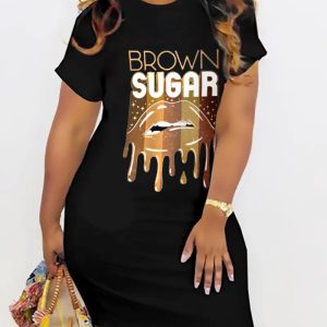 Plus Size Brown Sugar Lip Print Crew Neck Casual T-shirt Dress, women Casual Dresses, ChicMe catalog