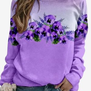 Women's Crew Neck Floral Casual Spring/Fall Long Sleeve Sweatshirt, JustFashionNow Sweatshirts & Hoodies, color:Purple|size:XXL,