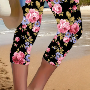 Women Floral Capris Elastic Waist Pants Casual Summer Trousers, Leggings, color:Black|size:XXL, catalog Noracora shop