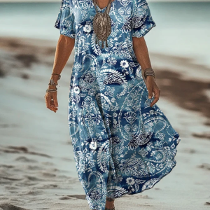 Women's Short Sleeve Paisley Printing V Neck Casual Maxi T-Shirt Dress, Dresses, Lilicloth.com