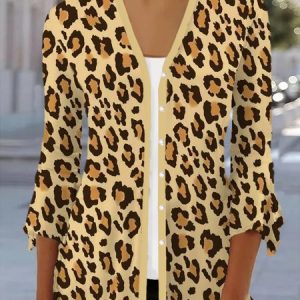 Women's Spring/Fall Outerwear Casual Leopard Jersey Shawl Jacket, JustFashionNow Coats, color:Yellow|size:XXL,