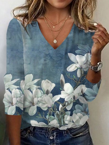Floral Print Long Sleeve Crew Neck T-shirt, Long sleeves, Lilicloth.com - Image 10