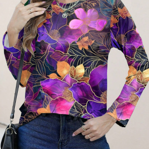 Women's Long Sleeve Tee T-shirt Spring/Fall Floral Printing Jersey Crew Neck Holiday Going Out Casual Top, JustFashionNow T-Shirts, color:Purple|size:XXL,