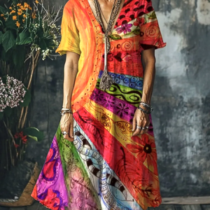 Women Geometric V Neck Short Sleeve Comfy Casual Maxi Dress, Maxi, color:Orange|size:4XL, catalog Noracora shop