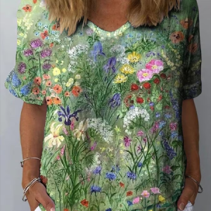 Women's Short Sleeve Blouse Summer Floral Printing Crew Neck Daily Going Out Casual Top, JustFashionNow Blouses, color:Green|size:XXL,
