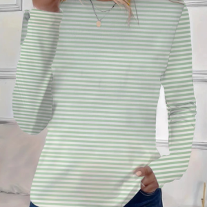 Women's Striped Long Sleeve Tee T-shirt Crew Neck Printing Casual Spring/Fall Top, JustFashionNow T-Shirts, color:Green|size:XXL,