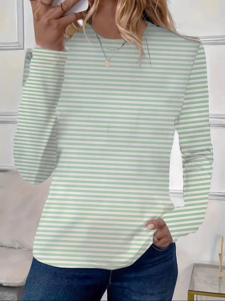 Women's Striped Long Sleeve Tee T-shirt Crew Neck Printing Casual Spring/Fall Top, JustFashionNow T-Shirts, color:Green|size:XXL,
