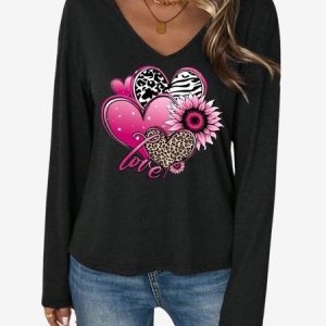 Women's Long Sleeve Tee T-shirt Spring/Fall Heart/Cordate Jersey V Neck Daily Going Out Casual Top, JustFashionNow T-Shirts, color:Black|size:XXL,