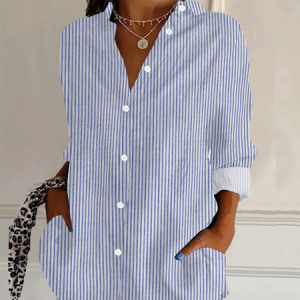 Women's Striped Long Sleeve Shirt Spring/Fall Buckle Shirt Collar Daily Casual Top, JustFashionNow Shirts, color:Blue|size:XXL,