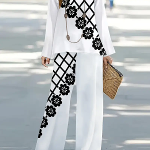 Women's Floral Printing Two-Piece Set Daily Long Sleeve Casual Spring/Fall Top With Pants Matching Set, JustFashionNow Suit Set, color:White|size:XXL,
