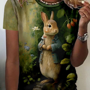 Plus Size Casual Rabbit Loose T-Shirt, JustFashionNow T-Shirts, color:Green|size:4X,