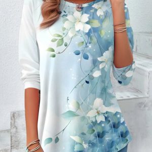Loose Long-Sleeved Top With Floral Design, Long sleeves, Lilicloth.com