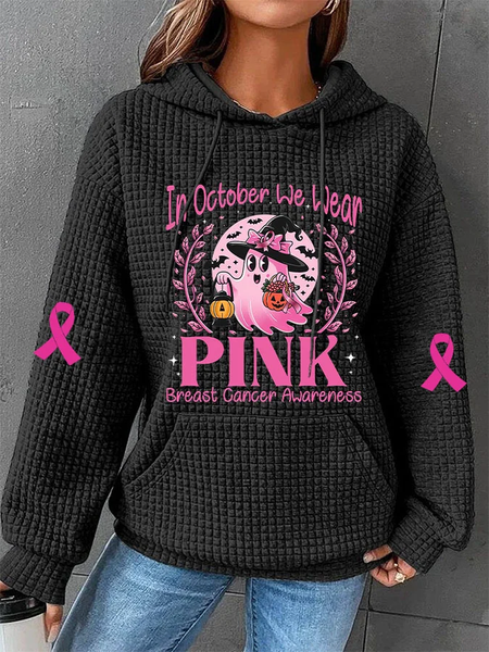 Women's In October We Wear Pink Halloween Ghost Breast Cancer Awareness Warrior Waffle Hoodie, Hoodies&Sweatshirts, Lilicloth.com - Image 2