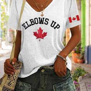 Women's Vintage Canada Print V-Neck Short Sleeve T-Shirt, T-shirts, Lilicloth.com