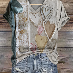Casual V Neck Geometric Cotton T-Shirt, T-shirts, Lilicloth.com