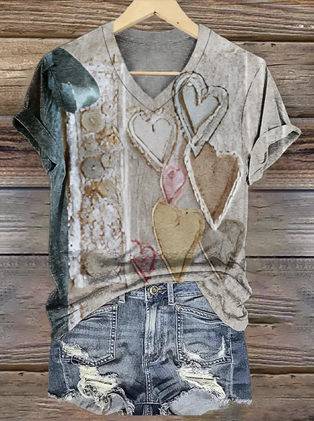 Casual V Neck Geometric Cotton T-Shirt, T-shirts, Lilicloth.com