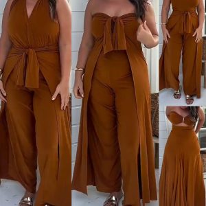 2 Piece Bandeau Sleeveless Tied Detail Ruched Pants Elegant Pants Set, women Two-piece Sets, ChicMe catalog