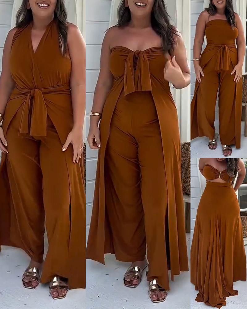 2 Piece Bandeau Sleeveless Tied Detail Ruched Pants Elegant Pants Set, women Two-piece Sets, ChicMe catalog