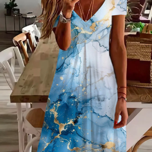 Women's Abstract Short Sleeve Summer Printing Dress V Neck Daily Casual Knee Length T-Shirt Dress H-Line Dress, JustFashionNow Casual Dresses, color:Blue|size:XXL,