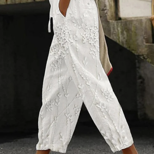 Women's Trousers Straight Pants Daily Going Out Casual Printing Linen Blend Floral Spring/Fall Pants, JustFashionNow Pants, color:White|size:3XL,