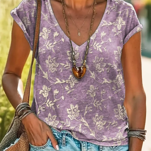 Women's Short Sleeve Tee T-shirt Summer Floral Printing V Neck Casual Graphic Tee Top, JustFashionNow T-Shirts, color:Purple|size:XXL,