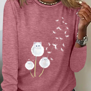 Cat Dandelion Flower Casual Long Sleeve Shirt, Long sleeves, Lilicloth.com