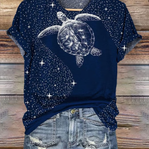 Women's Turtle Starry Sky Art Print Short Sleeve T-Shirt, T-shirts, Lilicloth.com