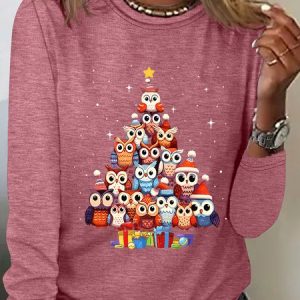 Owl Christmas Tree Casual Long Sleeve Shirt, Long sleeves, Lilicloth.com