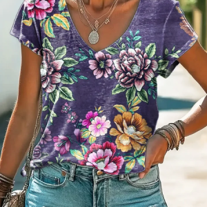 Women's Short Sleeve Tee T-shirt Summer Floral V Neck Casual Graphic Tee Top, JustFashionNow T-Shirts, color:Purple|size:XXL,