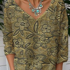 Vintage Sequin Pattern V Neck Long Sleeve T-shirt, T-shirts, color:Metallic|size:XXL, catalog Noracora shop