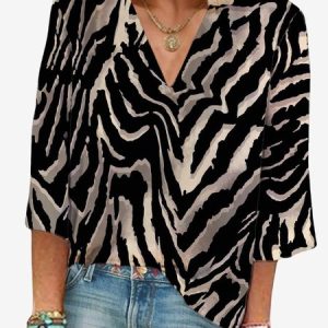 Women's Three Quarter Sleeve Blouse Spring/Fall Zebra V Neck Vacation Going Out Casual Top, JustFashionNow Blouses, color:Black|size:XXL,