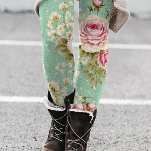 Women's Casual Floral Jersey All Season Printing Long Leggings, JustFashionNow Leggings, color:Green|size:XXL,