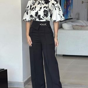 2 Pieces Outfit Floral Print Round Neck Bell Sleeve Satin Top and High Waist Wide Leg Work Pants Set, women Two-piece Sets, ChicMe catalog