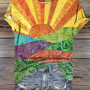 Crew Neck Casual Geometric Cotton T-Shirt, T-shirts, Lilicloth.com