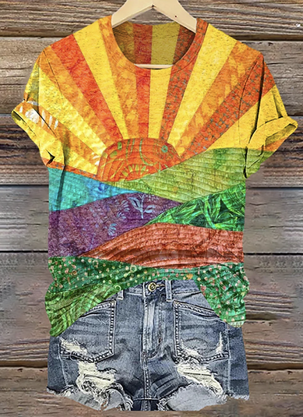 Crew Neck Casual Geometric Cotton T-Shirt, T-shirts, Lilicloth.com