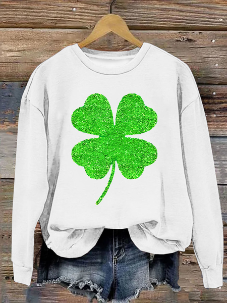 Women's Four-leaf Clover Crew Neck Casual Spring/Fall Long Sleeve Sweatshirt, JustFashionNow Sweatshirts & Hoodies, color:White|size:XXL,