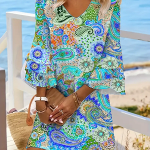 Women Floral Summer Printing Dress V Neck Half Sleeve Classic H-Line Dress, Dresses, color:Blue|size:5XL, catalog Noracora shop