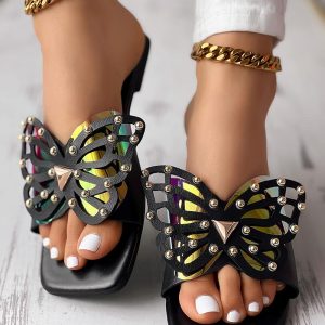 Hollow Butterfly Pattern Contrast Paneled Slippers, women Slippers, ChicMe catalog