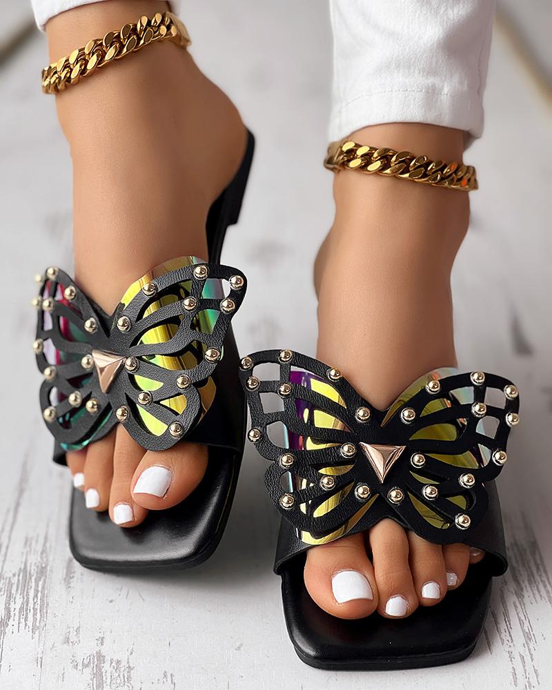 Hollow Butterfly Pattern Contrast Paneled Slippers, women Slippers, ChicMe catalog