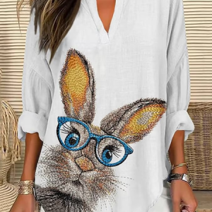 V Neck Long Sleeve Easter (rabbit) Regular Loose Blouse For Women, Blouses, color:White|size:5XL, catalog Noracora shop