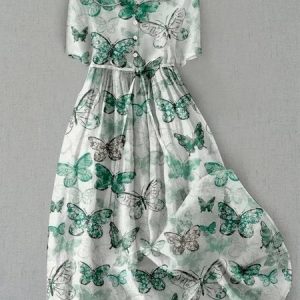 Women Butterfly Print Summer Maxi Dress, Dresses, color:Green|size:4XL, catalog Noracora shop