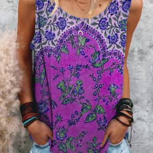 Women's Sleeveless Blouse Summer Geometric Jersey Crew Neck Beach Going Out Vintage Top, JustFashionNow Shirts, color:Purple|size:3XL,
