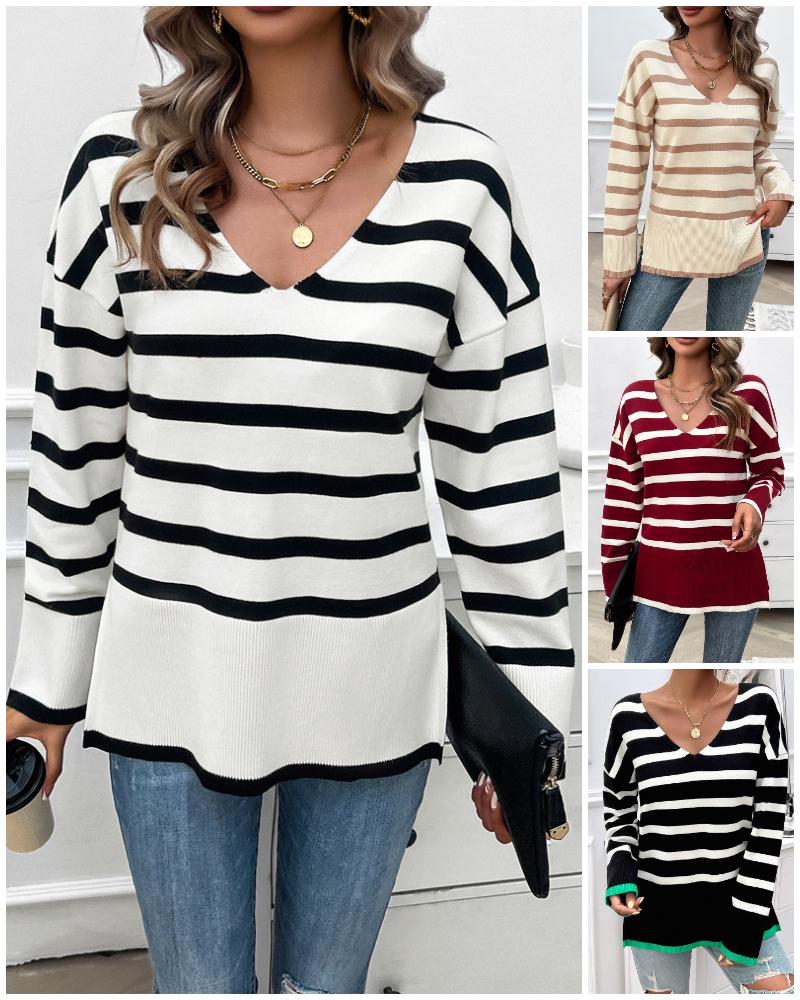 Striped V-Neck Long Sleeve Side Slit Knit Sweater, women Sweaters & Cardigans, ChicMe catalog - Image 2
