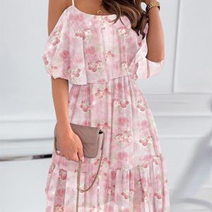 Glitter Lurex Floral Print Cold Shoulder Spaghetti Strap Ruffles Layered Dress Sweet Dress, women Print Dresses, ChicMe catalog