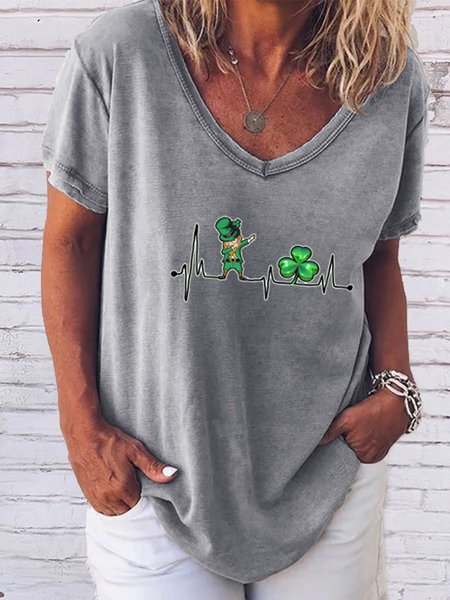 Women's Irish Shamrock Short Sleeve Tee T-shirt V Neck Casual Summer Top, JustFashionNow T-Shirts, color:Gray|size:3XL,