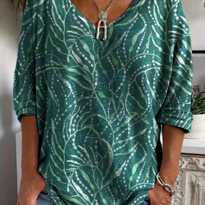 Casual Floral V Neck Long Sleeve T-shirt, Blouses, color:Green|size:XXL, catalog Noracora shop