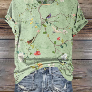 Casual Floral Art Pattern Print Crew Neck Short Sleeve T-shirt, T-shirts, color:Lightgreen|size:4XL, catalog Noracora shop