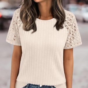 Contrast Lace Round Neck Short Sleeve T Shirt Casual Knit Business Top, women T-shirt & Tees, ChicMe catalog